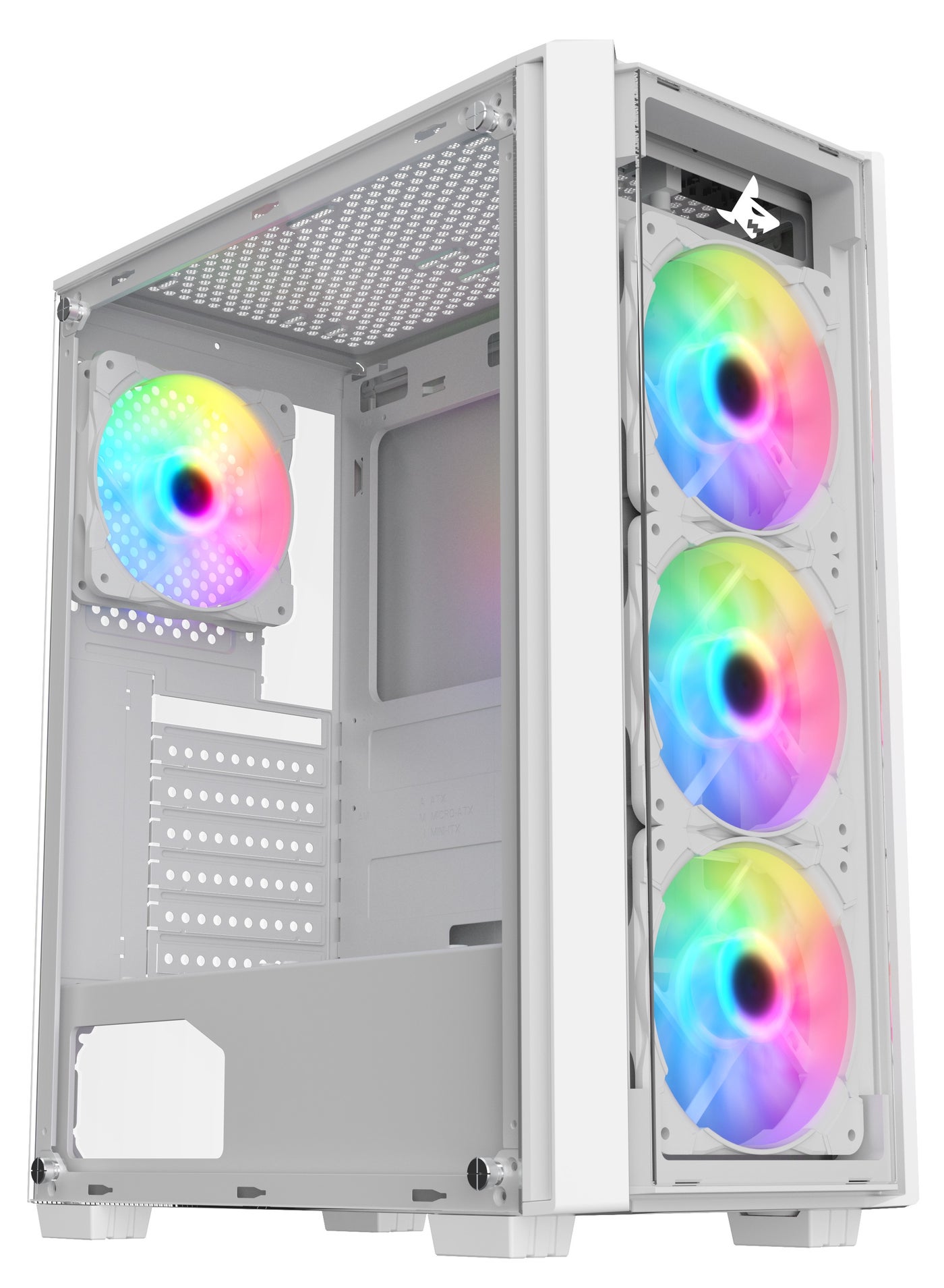 صندوق الكمبيوتر شاركس STRIKER ARGB ATX مع لوحة شبكية أمامية (S-200W) مع 4 مراوح 120 مم ARGB مثبتة مسبقًا، جهاز تحكم عن بُعد، لوحة جانبية من الزجاج، ومنافذ: نوع C1 / USB3.0 *1 / USB2.0 2 / أزرار: الطاق