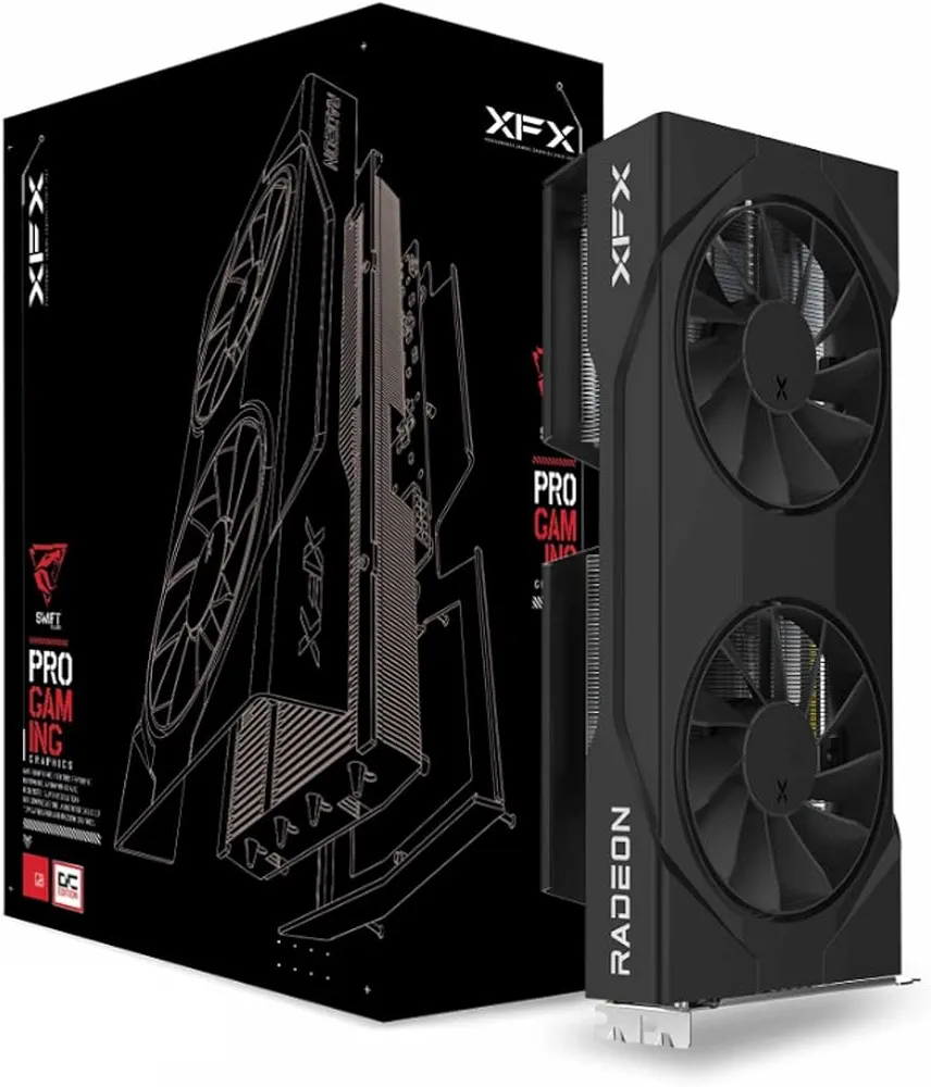 بطاقة رسومات سويفت AMD راديون RX 9060XT إصدار الألعاب بمروحتين او سي مع ذاكرة 16GB من اكس اف اكس، أسود